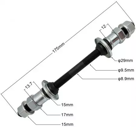 Oś piasty tył wolnobiegowa Quando 9.5 x 175mm CR-MO komplet - OSK014