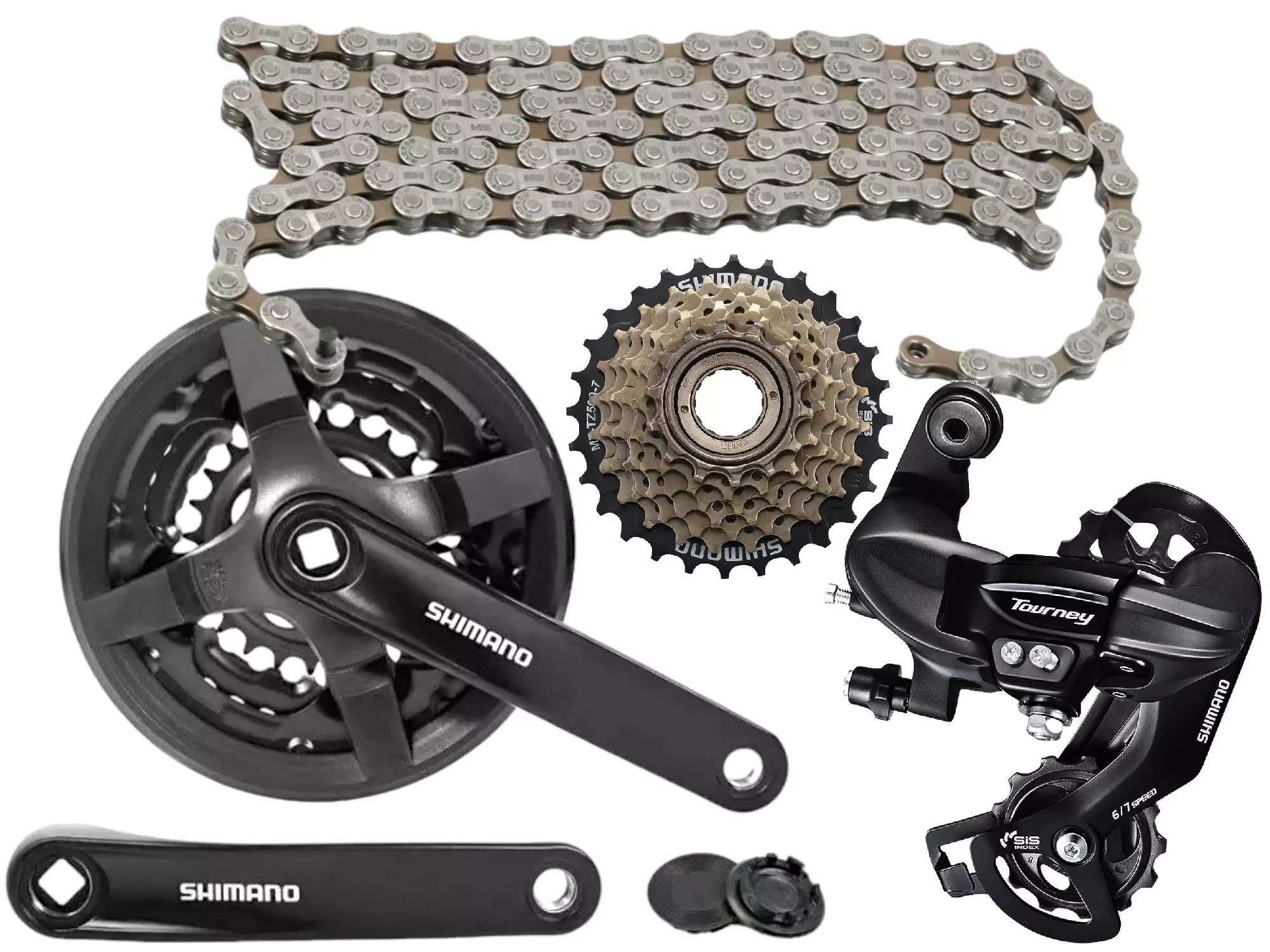 Zestaw napędowy Shimano przerzutka łańcuch wolnobieg korba 42/34/24 7 rzędowy 