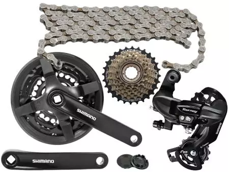 Zestaw napędowy Shimano przerzutka łańcuch wolnobieg korba 42/34/24 7 rzędowy 